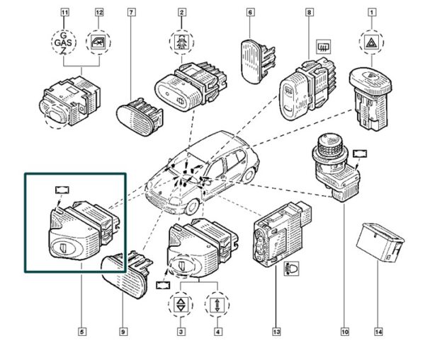 467795 botão vidro eletrico lado direito renault clio symbol original