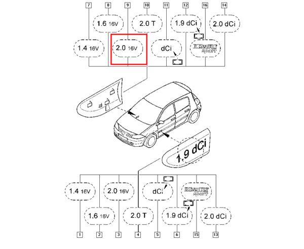 8200209132 emblema renault megane scenic lado direito
