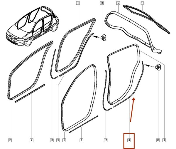 vedação da porta traseira esquerda renault megane ii – 8200511414