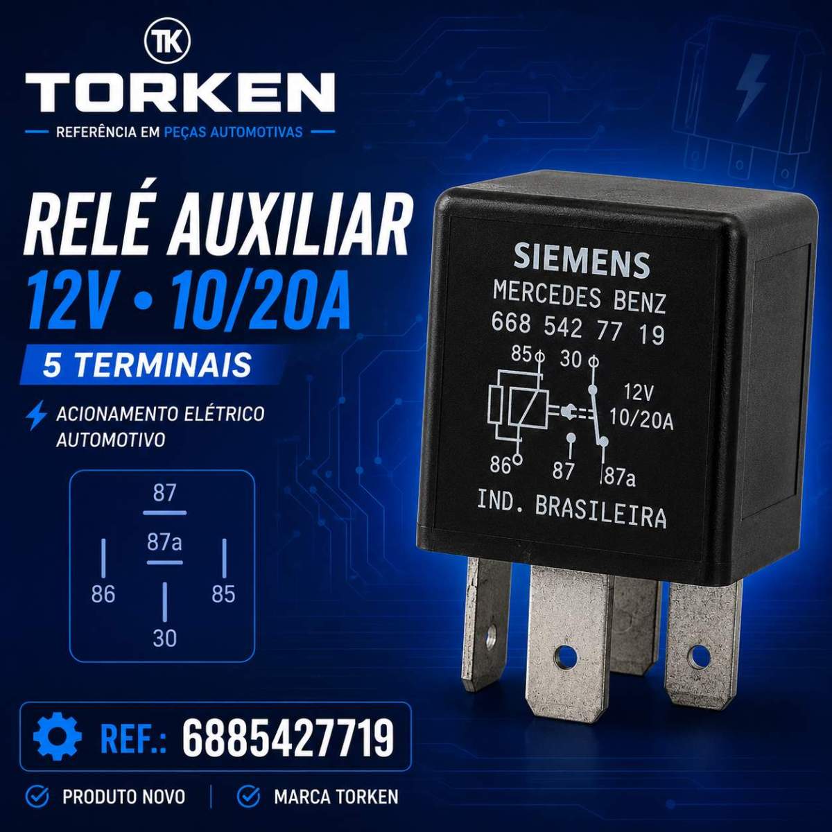 rele auxiliar 12v 10/20a 5 terminais siemens 6885427719